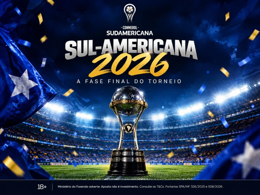 Sul-Americana 2026: a fase final do torneio Arte da Sul-Americana 2026 com o troféu da competição em um estádio iluminado